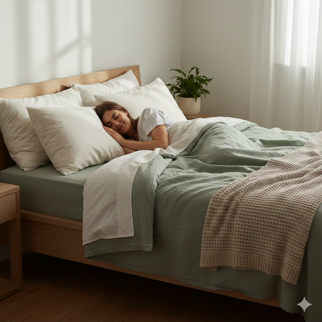 Persona che riposa serenamente in un letto con lenzuola verde salvia, simbolo del legame tra sonno profondo e rigenerazione del sistema immunitario.